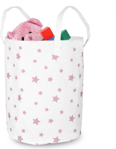 Textilný kôš na hračky Nukido biely s ružovými hviezdičkami