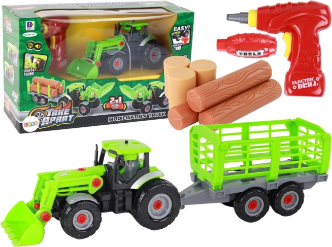 Traktor s prívesom na montáž DIY so skrutkovačom