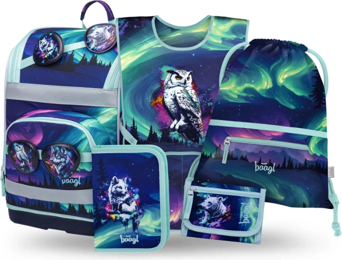 Školský set BAAGL Zippy Plus Aurora – aktovka, peračník, vrecko a peňaženka z recyklovaných materiálov