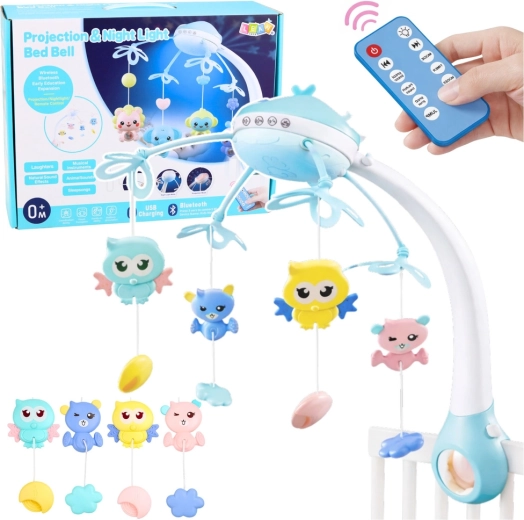 Detský kolotoč nad postieľku s projektorom a diaľkovým ovládaním – ružový