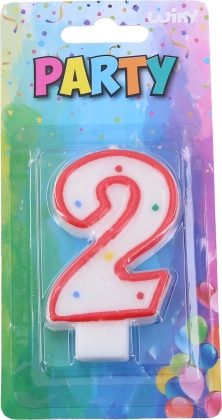 Párty sviečka číslo 2 na tortu – biela s červeným okrajom a bodkami