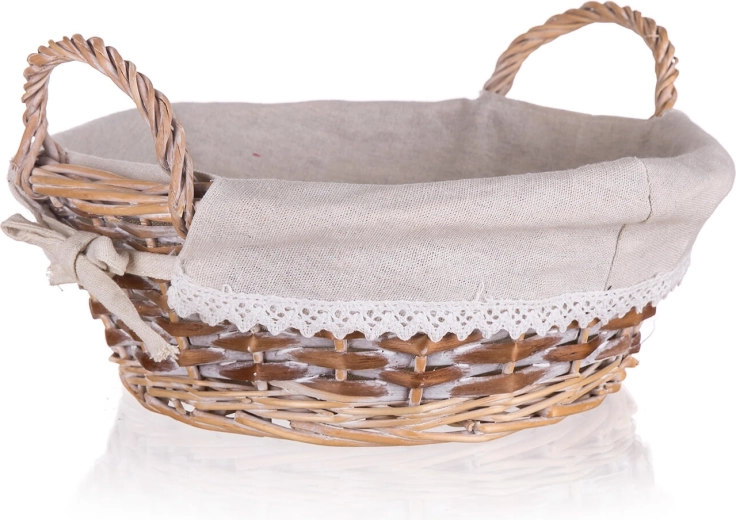 Prútený okrúhly košík Duo s úchytmi 30 × 11 cm, hnedobiely, čipkový lem