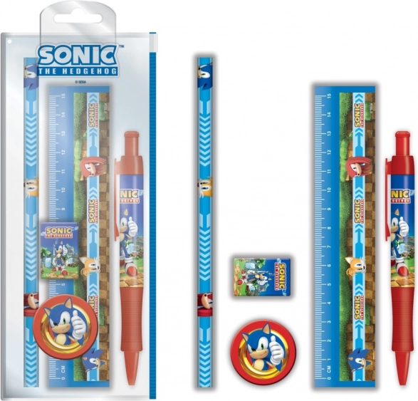 Školský set SONIC – pravítko, pero, guma, ceruzka a strúhadlo