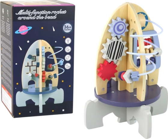 Drevená vzdelávacia raketa s korálkovým labyrintom a ozubenými kolieskami