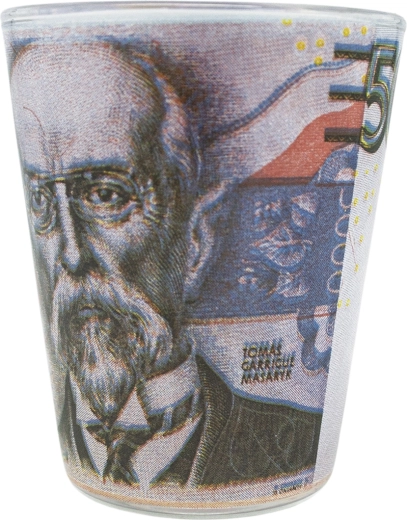Sklenený panák s motívom historickej bankovky 5 Kč T. G. Masaryk