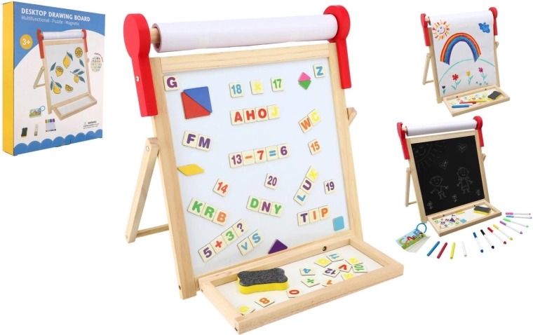 Obojstranná magnetická detská tabuľa z dreva 33 × 33 cm s rolkou papiera a doplnkami