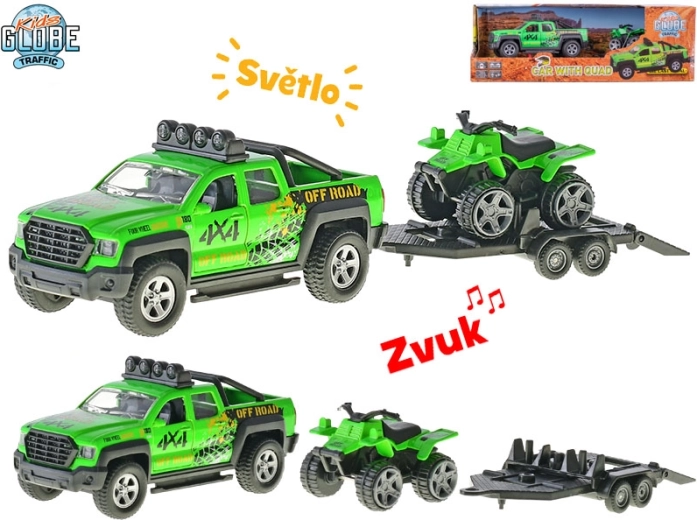 Kids Globe Traffic auto s prívesom a štvorkolkou, kovový model 13 cm so svetlami a zvukmi