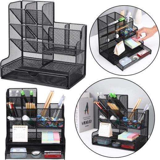 Kovový stolový organizér na kancelárske potreby – čierny