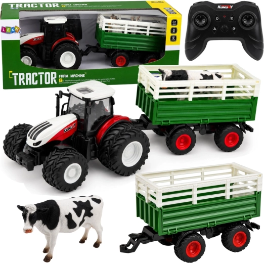 RC poľnohospodársky traktor s prívesom a figúrkou kravy 1:24
