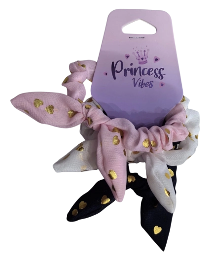 PINK sada gumičiek do vlasov scrunchie s mašľou a zlatými srdiečkami - 3 ks