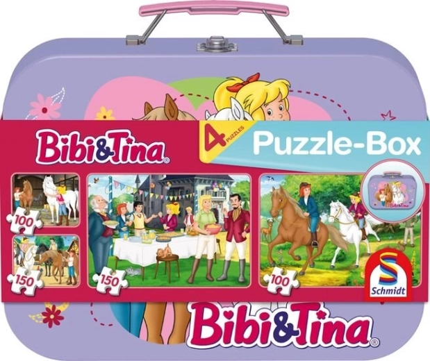 Puzzle Bibi a Tina 4 v 1 v plechovom kufríku (100 a 150 dielikov)