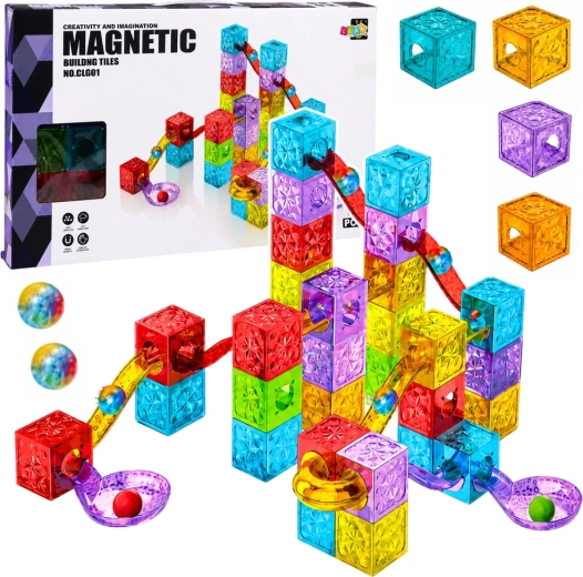 Magnetické stavebné kocky s guľôčkovou dráhou, farebné, 60 dielov