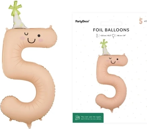 Fóliový balón číslo 5 broskyňový s tváričkou 86 cm