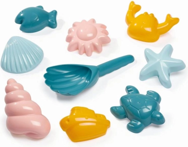 Sada pieskových formičiek s morskými motívmi a lopatka v tvare mušle