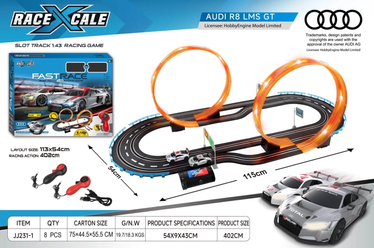 Závodná autodráha na diaľkové ovládanie Audi R8 1:43, 115 × 54 cm