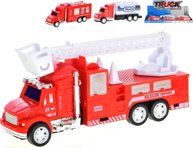 Plastové hasičské autíčka so zotrvačníkom 12,5 cm – rebrík, cisterna a striekačka