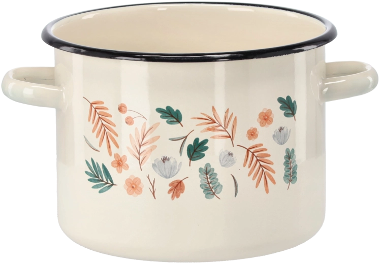 Smaltovaný hrniec 4,5 l, 20 cm, krémový s motívom listov