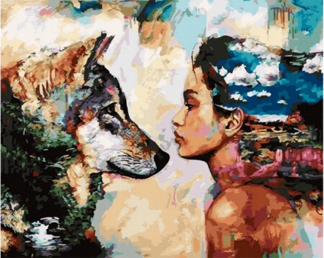 Obraz na maľovanie podľa čísel 50 × 40 cm Pohľad – vlk a žena