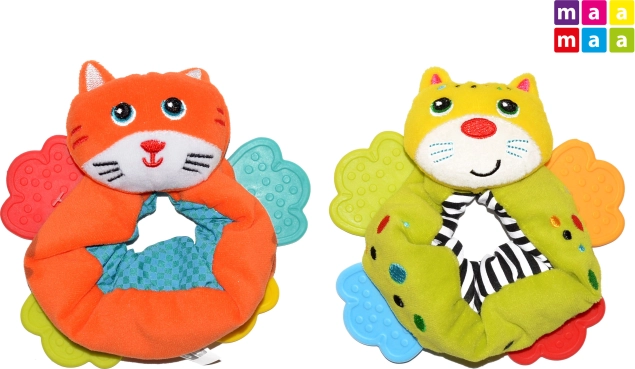 Textilné chrastítko na ruku s hryzátkami MAAMAA, mačička 12 cm