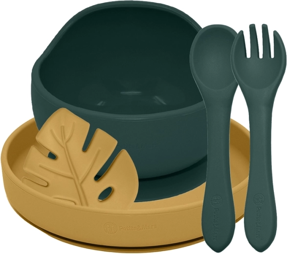 Silikónová jedálenská súprava PETITE&MARS TAKE&MATCH, 4 ks, Misty Green / Intense Ochre, od 6 mesiacov
