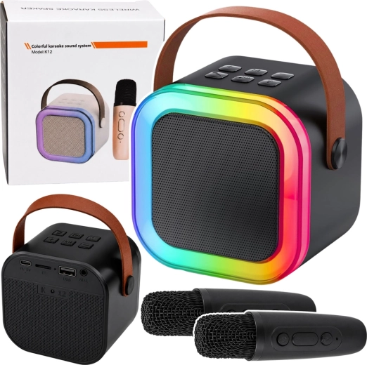 Bezdrôtový karaoke set K12 – bluetooth reproduktor s dvoma mikrofónmi a LED svetlami (čierny)