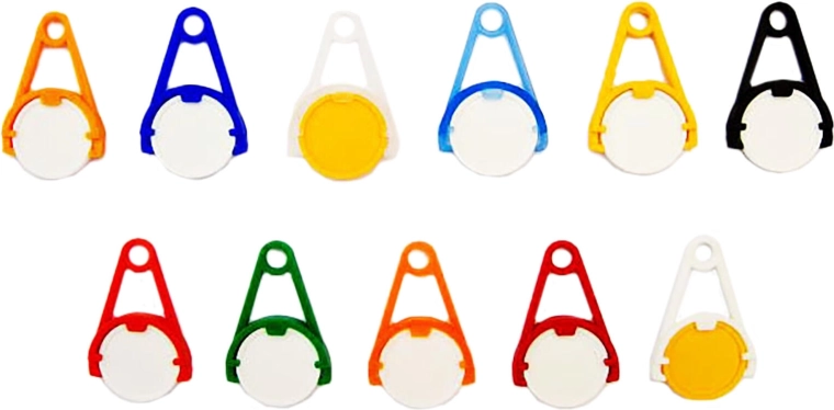 Prívesok na kľúče so žetónom do nákupného vozíka – mix farieb, 5 ks