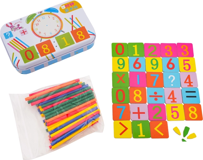 Magnetická sada na výučbu hodín a základnej matematiky v kovovej krabičke