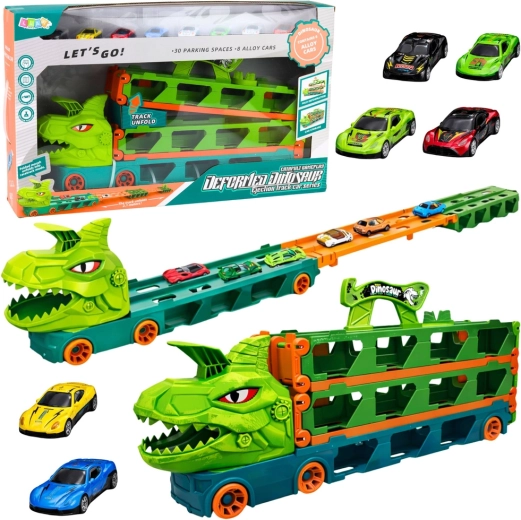 Dinosauří nákladný voz s autíčkami 4v1 – transporter, pretekárska dráha a vystreľovač, 2,1 m