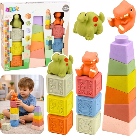 Mäkké senzomotorické gumové kocky a pyramída s dinosaurami, 14 ks