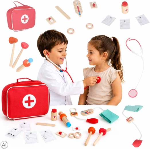 Drevená sada doktora s lekárskou taškou pre deti