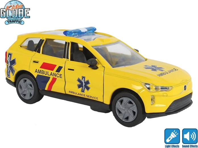 Kids Globe Traffic kovová sanitka Volvo EX90 na spätný chod so svetlom a zvukom 13,5 cm