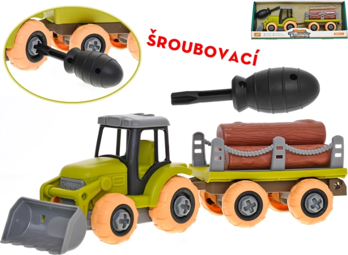 Skrutkovací traktor s vlečkou a kládami 28 cm