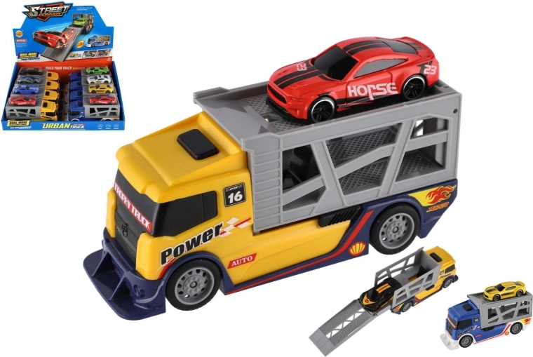 Plastový kamión prepravník s osobným autom 15 cm, voľnobeh, 2 farby