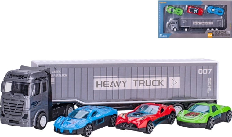 Kovový nákladný automobil s 3 autíčkami, 22 cm