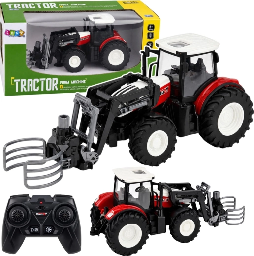 Diaľkovo ovládaný farmársky RC traktor s čelným nakladačom a drapákom na balíky 1:24, červený