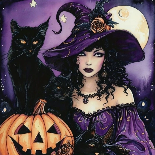 Diamantové maľovanie – bosorka s čiernou mačkou a tekvicou 30 × 40 cm