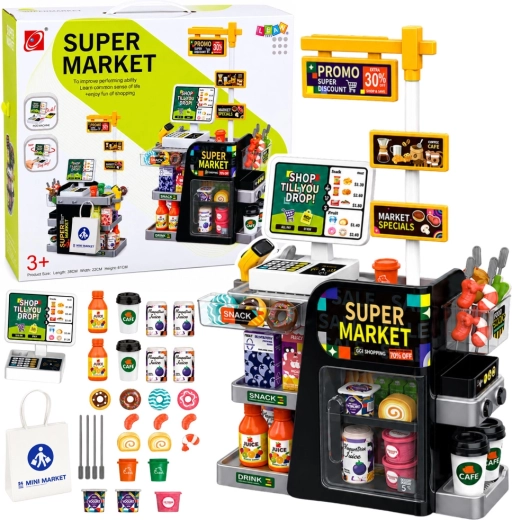 Detský supermarket s pokladňou, skenerom a dávkovačom nápojov (65 dielov)