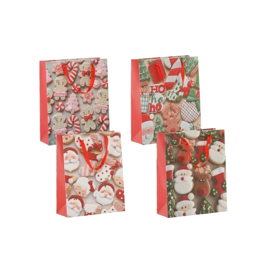 Vianočné darčekové tašky s motívom cukroviniek 18 × 24 × 8 cm, červené stuhy, sada 12 ks