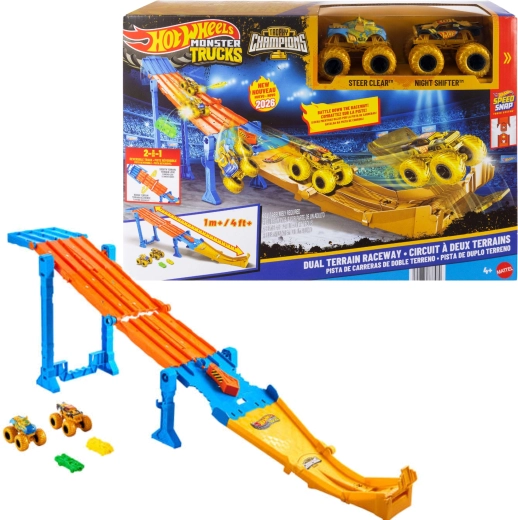 Hot Wheels Monster Trucks 2v1 pretekárska dráha Dual Terrain Raceway + 2 monster trucky