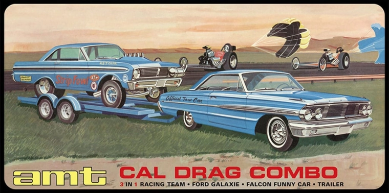 AMT plastový model 3 v 1 Cal Drag Combo 1964 Galaxie, AWB Falcon a príves 1:25 - 1 kus