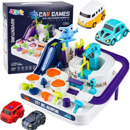 Interaktívny mestský prekážkový autodráhový set s parkoviskom a 4 autíčkami