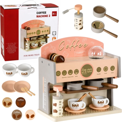 Drevený detský kávovar – baristický set s príslušenstvom, ružový