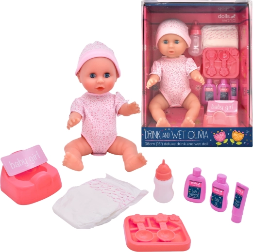 Dolls World bábätko Olivia 38 cm pije a ciká so zatváracími očami a príslušenstvom