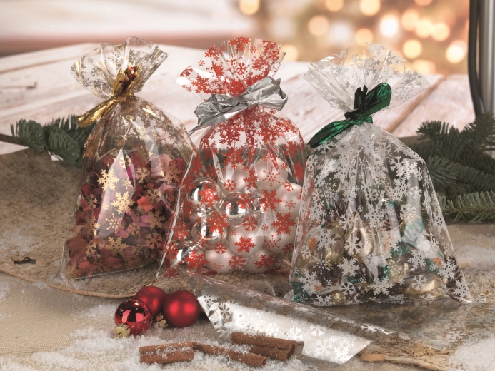 Celofánové vrecko 16 × 25 cm transparentné s motívom vločiek