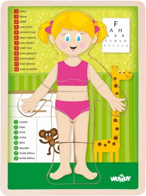 Woody drevené obojstranné puzzle ľudské telo - dievča