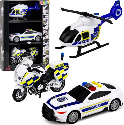 Sada policajných vozidiel s helikoptérou, autom a motorkou so svetlami a zvukmi 1:32
