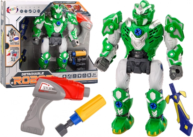 Skrutkovací robot so svetlami a zvukmi – zelená súprava s vŕtačkou a skrutkovačom