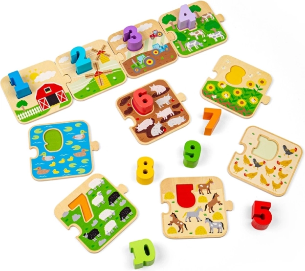 BIGJIGS TOYS drevené puzzle s obrázkami a číslami 1–10 (život na farme)