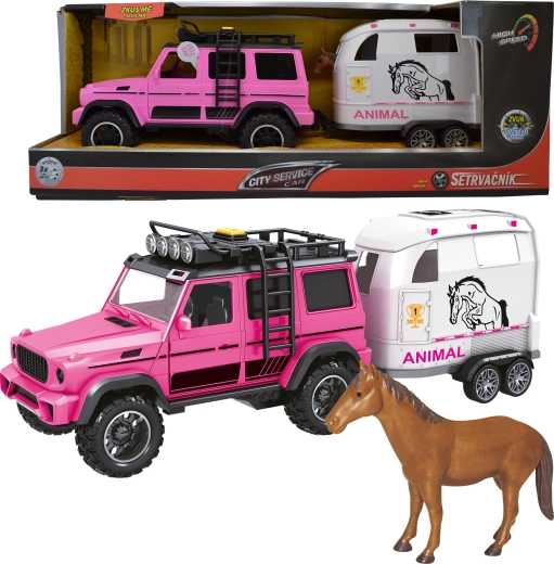 Ružové terénne auto s prívesom a koňom 1:14 so svetlami a zvukmi