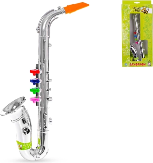 Detský saxofón 38 cm – strieborný plastový nástroj so 4 farebnými klapkami